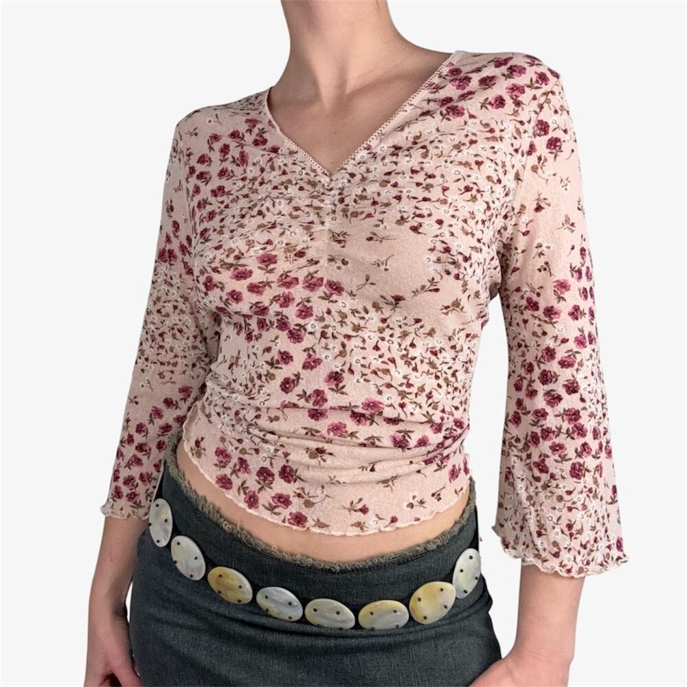 M&Co European vintage floral mesh top pink slight flare 3/4 sleeve - M